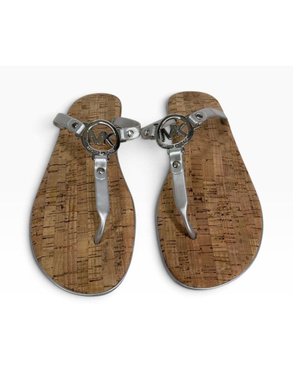 Michael Kors Womens Silver Logo Thong Sandals 11M Cork Footbed PVC Upper